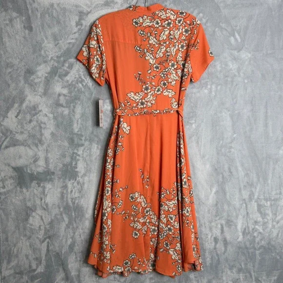 New Nanette Lepore Dress Womens 4 Orange Floral Crepe V Neck Pleated Slip - Picture 5 of 9